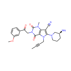 CC#CCn1c(N2CCC[C@H](N)C2)c(C#N)c2c1c(=O)n(CC(=O)c1cccc(OC)c1)c(=O)n2C ZINC000073259049