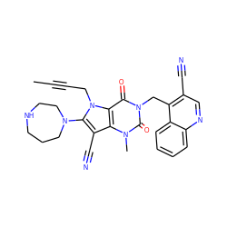 CC#CCn1c(N2CCCNCC2)c(C#N)c2c1c(=O)n(Cc1c(C#N)cnc3ccccc13)c(=O)n2C ZINC000073274667