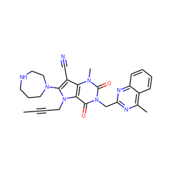 CC#CCn1c(N2CCCNCC2)c(C#N)c2c1c(=O)n(Cc1nc(C)c3ccccc3n1)c(=O)n2C ZINC000073274661