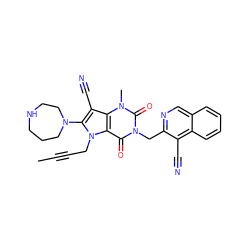 CC#CCn1c(N2CCCNCC2)c(C#N)c2c1c(=O)n(Cc1ncc3ccccc3c1C#N)c(=O)n2C ZINC000073275216