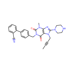 CC#CCn1c(N2CCNCC2)nc2c1c(=O)n(Cc1ccc(-c3ccccc3C#N)cc1)c(=O)n2C ZINC000473249664