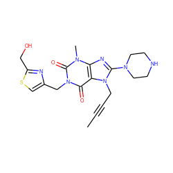 CC#CCn1c(N2CCNCC2)nc2c1c(=O)n(Cc1csc(CO)n1)c(=O)n2C ZINC000473249376