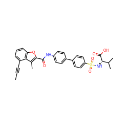 CC#Cc1cccc2oc(C(=O)Nc3ccc(-c4ccc(S(=O)(=O)N[C@H](C(=O)O)C(C)C)cc4)cc3)c(C)c12 ZINC000043014037