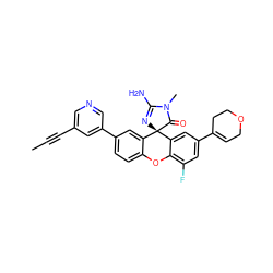 CC#Cc1cncc(-c2ccc3c(c2)[C@@]2(N=C(N)N(C)C2=O)c2cc(C4=CCOCC4)cc(F)c2O3)c1 ZINC000142068600