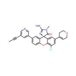 CC#Cc1cncc(-c2ccc3c(c2)[C@]2(N=C(N)N(C)C2=O)c2cc(C4=CCOCC4)cc(F)c2O3)c1 ZINC000146584584