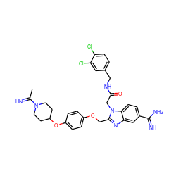 CC(=N)N1CCC(Oc2ccc(OCc3nc4cc(C(=N)N)ccc4n3CC(=O)NCc3ccc(Cl)c(Cl)c3)cc2)CC1 ZINC000028375624