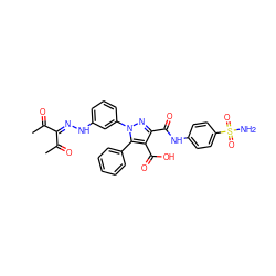 CC(=O)C(=NNc1cccc(-n2nc(C(=O)Nc3ccc(S(N)(=O)=O)cc3)c(C(=O)O)c2-c2ccccc2)c1)C(C)=O ZINC000095597405