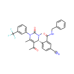 CC(=O)C1=C(C)N(c2cccc(C(F)(F)F)c2)C(=O)N(C)[C@@H]1c1ccc(C#N)cc1C(=O)NCc1ccccc1 ZINC001772579083