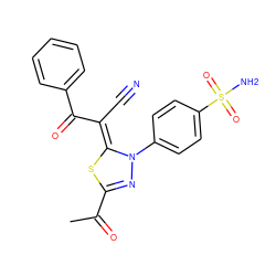 CC(=O)C1=NN(c2ccc(S(N)(=O)=O)cc2)/C(=C(\C#N)C(=O)c2ccccc2)S1 ZINC000103230499