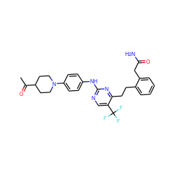 CC(=O)C1CCN(c2ccc(Nc3ncc(C(F)(F)F)c(CCc4ccccc4CC(N)=O)n3)cc2)CC1 ZINC000261145066