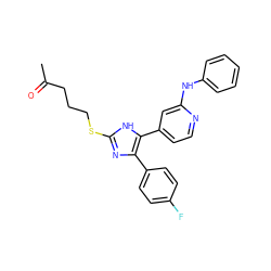 CC(=O)CCCSc1nc(-c2ccc(F)cc2)c(-c2ccnc(Nc3ccccc3)c2)[nH]1 ZINC001772650735