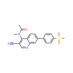 CC(=O)N(C)c1c(C#N)cnc2cc(-c3ccc(S(C)(=O)=O)cc3)ccc12 ZINC000095605583