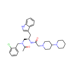 CC(=O)N(Cc1ccccc1Cl)C[C@@H](Cc1c[nH]c2ccccc12)NC(=O)CN1CCC(N2CCCCC2)CC1 ZINC000027850919