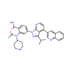 CC(=O)N(c1cc(-n2nc(C(C)C)c3c(-c4cnc5ccccc5c4)ccnc32)ccc1C(N)=O)C1CCNCC1 ZINC000169703492