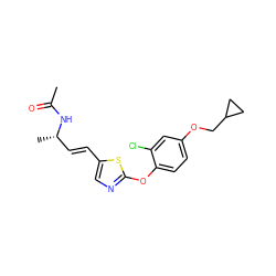 CC(=O)N[C@@H](C)/C=C/c1cnc(Oc2ccc(OCC3CC3)cc2Cl)s1 ZINC000206932476