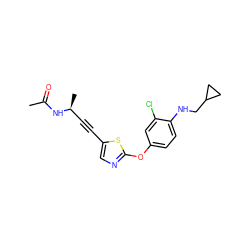 CC(=O)N[C@@H](C)C#Cc1cnc(Oc2ccc(NCC3CC3)c(Cl)c2)s1 ZINC000035259979