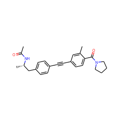 CC(=O)N[C@@H](C)Cc1ccc(C#Cc2ccc(C(=O)N3CCCC3)c(C)c2)cc1 ZINC000142336695