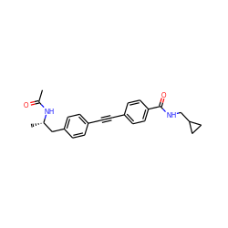 CC(=O)N[C@@H](C)Cc1ccc(C#Cc2ccc(C(=O)NCC3CC3)cc2)cc1 ZINC000113410635