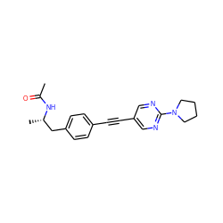 CC(=O)N[C@@H](C)Cc1ccc(C#Cc2cnc(N3CCCC3)nc2)cc1 ZINC000169706459