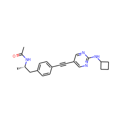 CC(=O)N[C@@H](C)Cc1ccc(C#Cc2cnc(NC3CCC3)nc2)cc1 ZINC000113412533