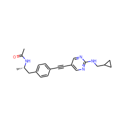 CC(=O)N[C@@H](C)Cc1ccc(C#Cc2cnc(NCC3CC3)nc2)cc1 ZINC000113412527