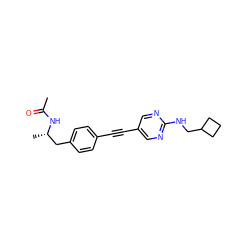 CC(=O)N[C@@H](C)Cc1ccc(C#Cc2cnc(NCC3CCC3)nc2)cc1 ZINC000113409439