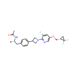 CC(=O)N[C@@H](C)Cc1ccc(C2CN(c3ncc(OC[C@@H]4CC4(F)F)cc3F)C2)cc1 ZINC000149930301