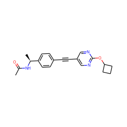 CC(=O)N[C@@H](C)c1ccc(C#Cc2cnc(OC3CCC3)nc2)cc1 ZINC000142357165