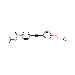 CC(=O)N[C@@H](C)c1ccc(C#Cc2cnc(OCC3CC3)nc2)cc1 ZINC000142356533