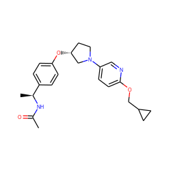 CC(=O)N[C@@H](C)c1ccc(O[C@@H]2CCN(c3ccc(OCC4CC4)nc3)C2)cc1 ZINC000169709174