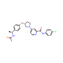 CC(=O)N[C@@H](C)c1ccc(O[C@@H]2CCN(c3ccnc(C(=O)Nc4ccc(Cl)cc4)c3)C2)cc1 ZINC000169709761