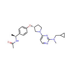 CC(=O)N[C@@H](C)c1ccc(O[C@@H]2CCN(c3ccnc(N(C)CC4CC4)n3)C2)cc1 ZINC000261081786