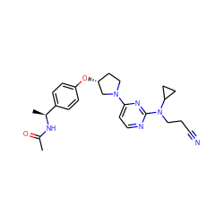 CC(=O)N[C@@H](C)c1ccc(O[C@@H]2CCN(c3ccnc(N(CCC#N)C4CC4)n3)C2)cc1 ZINC000261167359