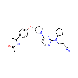 CC(=O)N[C@@H](C)c1ccc(O[C@@H]2CCN(c3ccnc(N(CCC#N)C4CCCC4)n3)C2)cc1 ZINC000261102712