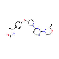 CC(=O)N[C@@H](C)c1ccc(O[C@@H]2CCN(c3ccnc(N4CCO[C@H](C)C4)n3)C2)cc1 ZINC000261072848