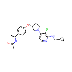 CC(=O)N[C@@H](C)c1ccc(O[C@@H]2CCN(c3ccnc(NCC4CC4)c3Cl)C2)cc1 ZINC000169709374