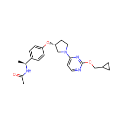 CC(=O)N[C@@H](C)c1ccc(O[C@@H]2CCN(c3ccnc(OCC4CC4)n3)C2)cc1 ZINC000261076575