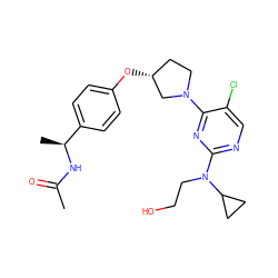 CC(=O)N[C@@H](C)c1ccc(O[C@@H]2CCN(c3nc(N(CCO)C4CC4)ncc3Cl)C2)cc1 ZINC000261134858