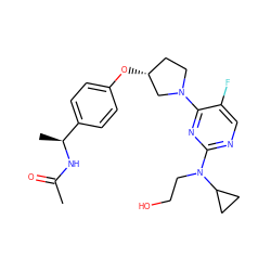 CC(=O)N[C@@H](C)c1ccc(O[C@@H]2CCN(c3nc(N(CCO)C4CC4)ncc3F)C2)cc1 ZINC000261122632