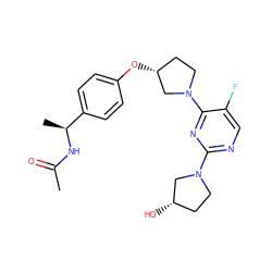 CC(=O)N[C@@H](C)c1ccc(O[C@@H]2CCN(c3nc(N4CC[C@H](O)C4)ncc3F)C2)cc1 ZINC000261159177