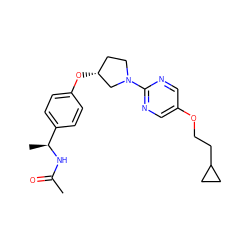 CC(=O)N[C@@H](C)c1ccc(O[C@@H]2CCN(c3ncc(OCCC4CC4)cn3)C2)cc1 ZINC000261169818