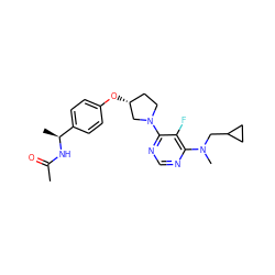 CC(=O)N[C@@H](C)c1ccc(O[C@@H]2CCN(c3ncnc(N(C)CC4CC4)c3F)C2)cc1 ZINC000261148921