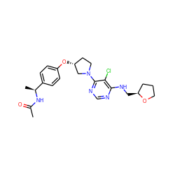 CC(=O)N[C@@H](C)c1ccc(O[C@@H]2CCN(c3ncnc(NC[C@H]4CCCO4)c3Cl)C2)cc1 ZINC000261165786