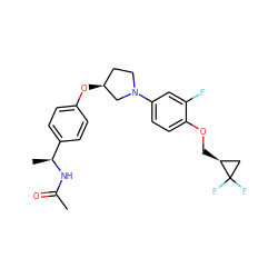 CC(=O)N[C@@H](C)c1ccc(O[C@H]2CCN(c3ccc(OC[C@H]4CC4(F)F)c(F)c3)C2)cc1 ZINC001772615326