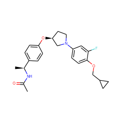 CC(=O)N[C@@H](C)c1ccc(O[C@H]2CCN(c3ccc(OCC4CC4)c(F)c3)C2)cc1 ZINC001772631415