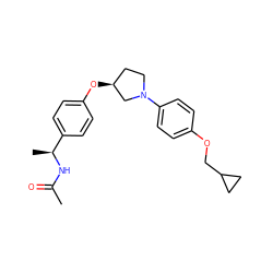 CC(=O)N[C@@H](C)c1ccc(O[C@H]2CCN(c3ccc(OCC4CC4)cc3)C2)cc1 ZINC001772582385