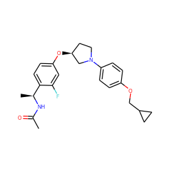 CC(=O)N[C@@H](C)c1ccc(O[C@H]2CCN(c3ccc(OCC4CC4)cc3)C2)cc1F ZINC001772588913