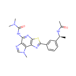 CC(=O)N[C@@H](C)c1cccc(-c2nc3c(nc(NC(=O)N(C)C)c4ncn(C)c43)s2)c1 ZINC000066251307