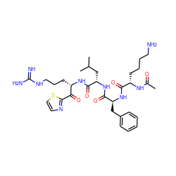 CC(=O)N[C@@H](CCCCN)C(=O)N[C@@H](Cc1ccccc1)C(=O)N[C@@H](CC(C)C)C(=O)N[C@@H](CCCNC(=N)N)C(=O)c1nccs1 ZINC000299833269