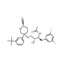 CC(=O)N[C@@H](Cc1cc(F)cc(F)c1)[C@H](O)CN[C@@]1(c2cccc(C(C)(C)C)c2)CC[C@H](C#N)NC1 ZINC000045286290